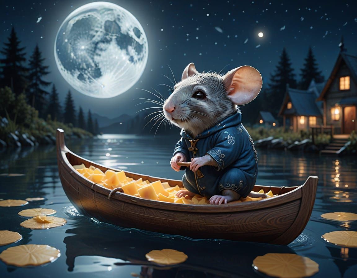 Mouse in Cheese Canoe Under Luminous Moon