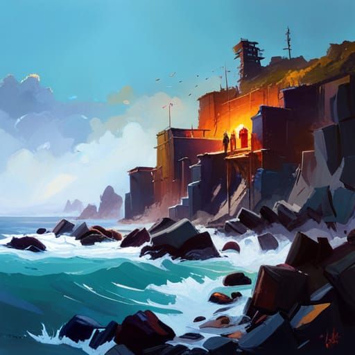 Rocky Shoreline and Blue Ocean: Matte Oil Painting