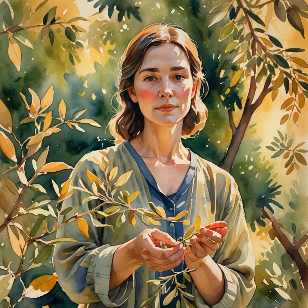 Woman with Olive Branch in Fauvist Watercolor