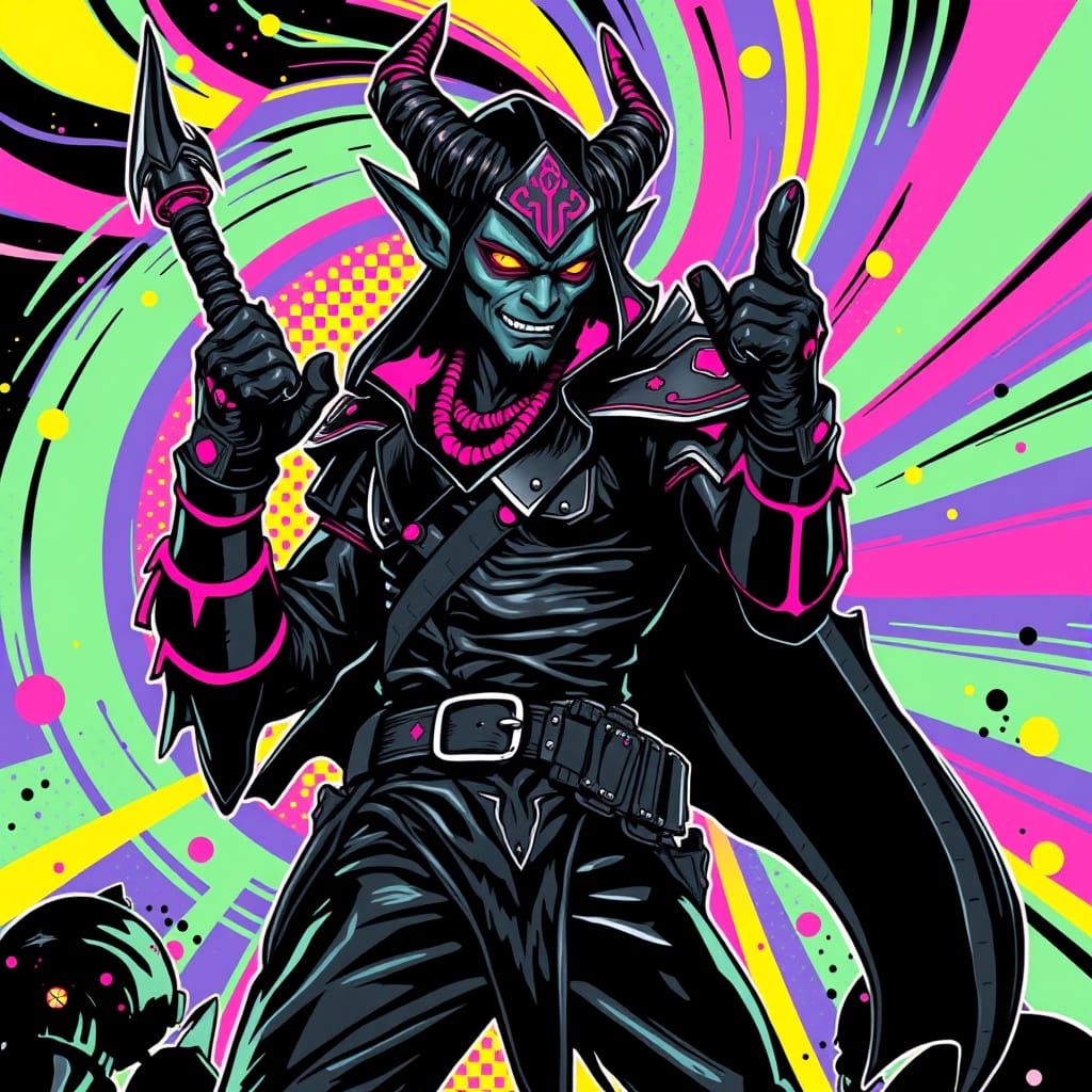 Heroic Tiefling Warlock in Bold Pop Art Style