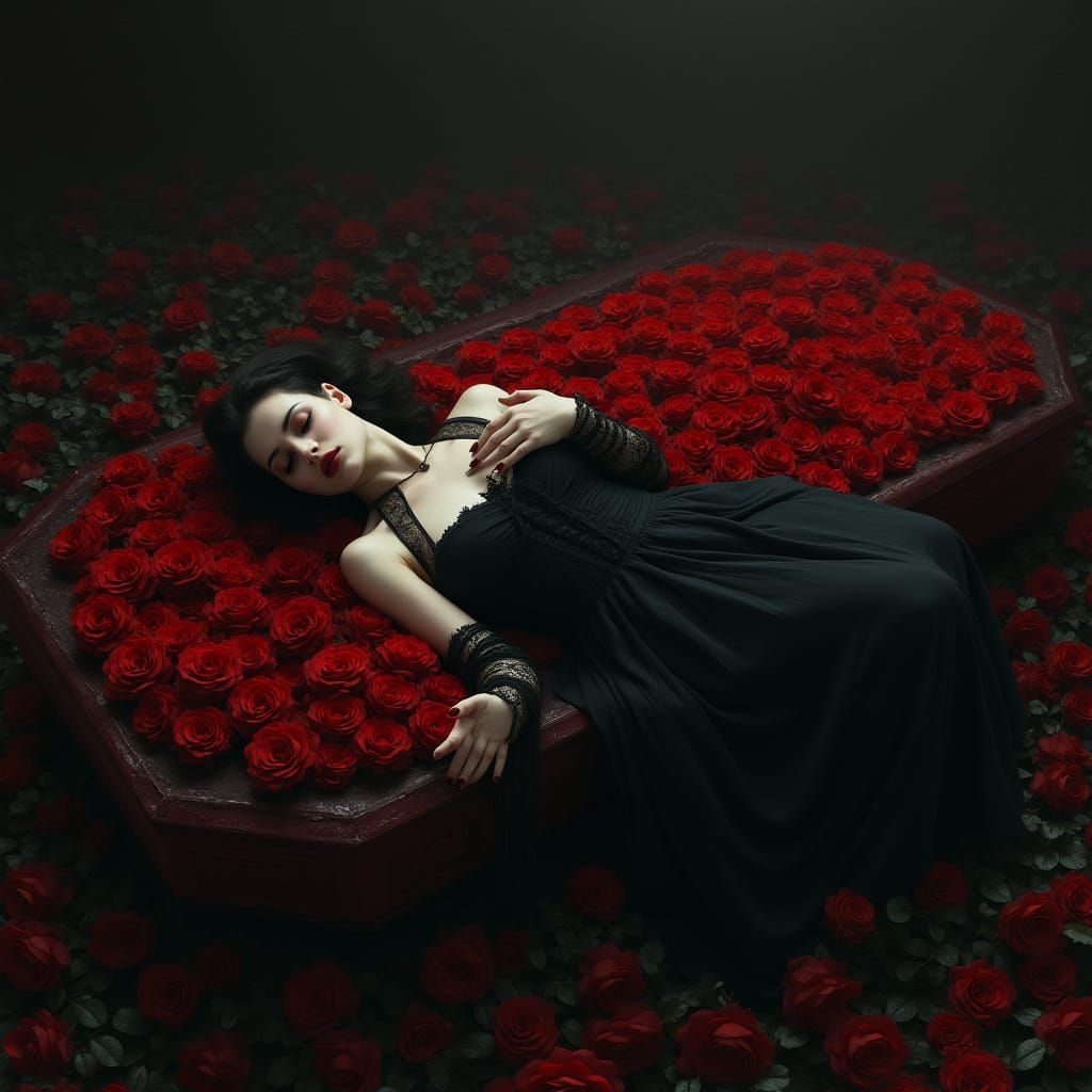 Gothic Woman Sleeping in Bed of Roses