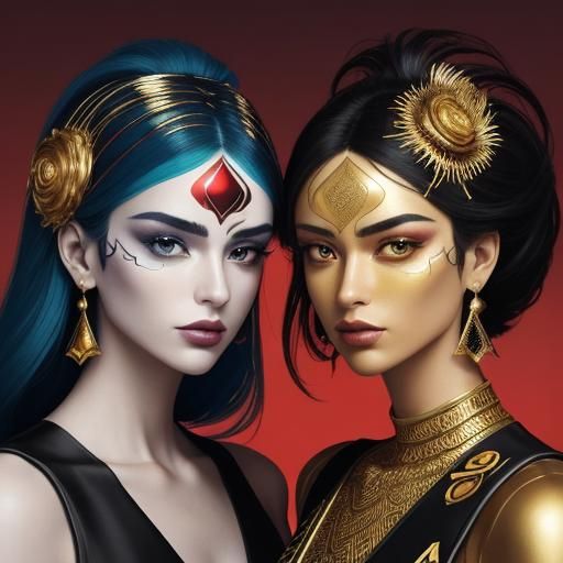 Pop Art Women with Peacock Feathers and Gold Accents