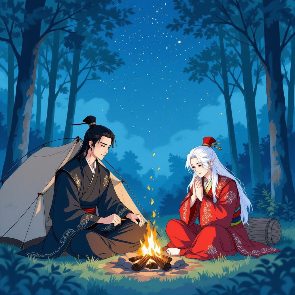 Chinese Couple Camping in Forest, Manhwa Style