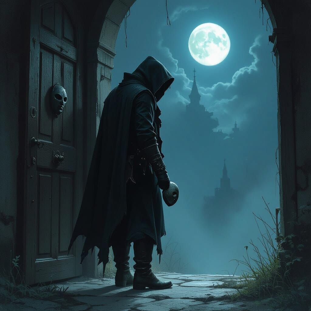 Dark Fantasy Killer in Ancient Gallery, Moody Concept Art