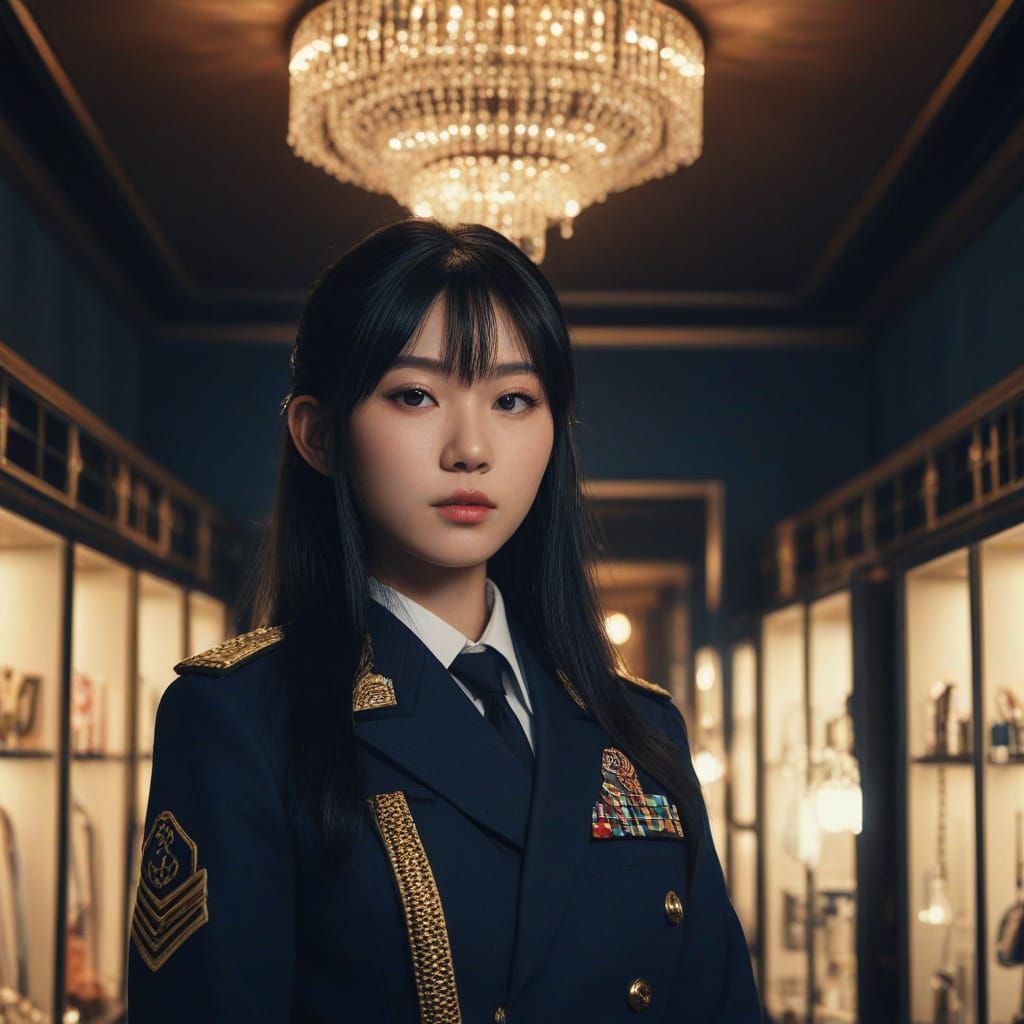 Japanese Girl in Navy Uniform in Luxurious Dressing Room