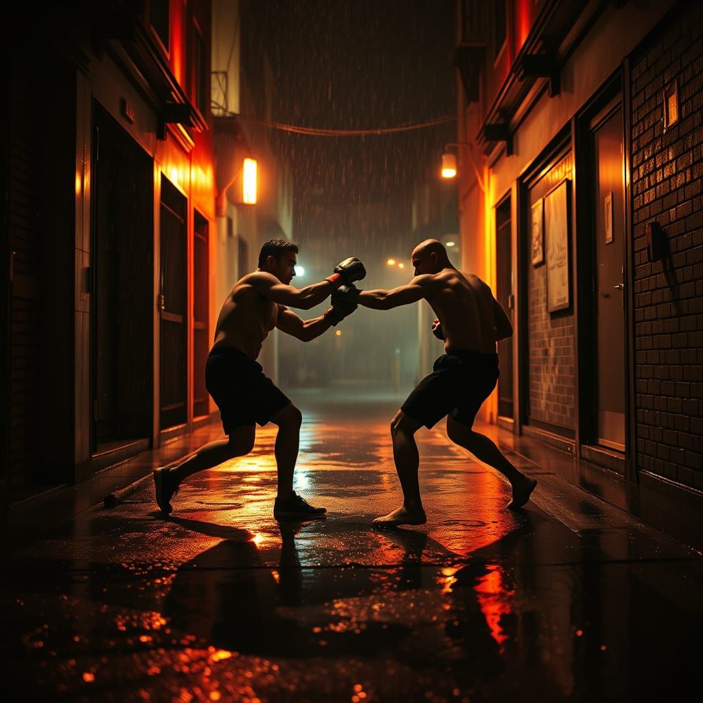 Gritty Street Fight in Rain-Soaked Alleyway