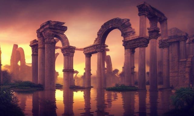 Ancient Ruined City Floating on Misty Water