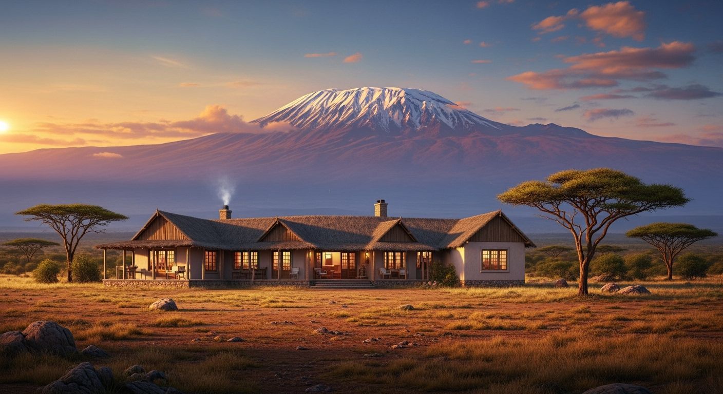 African Farmhouse on Savanna with Mt. Kilimanjaro at Sunset