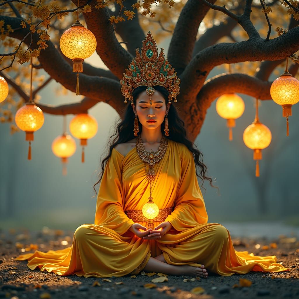 Radiant Yellow Tara Meditating Under Jeweled Tree