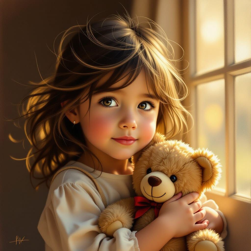 Girl with Teddy Bear in Golden Hour Window Light