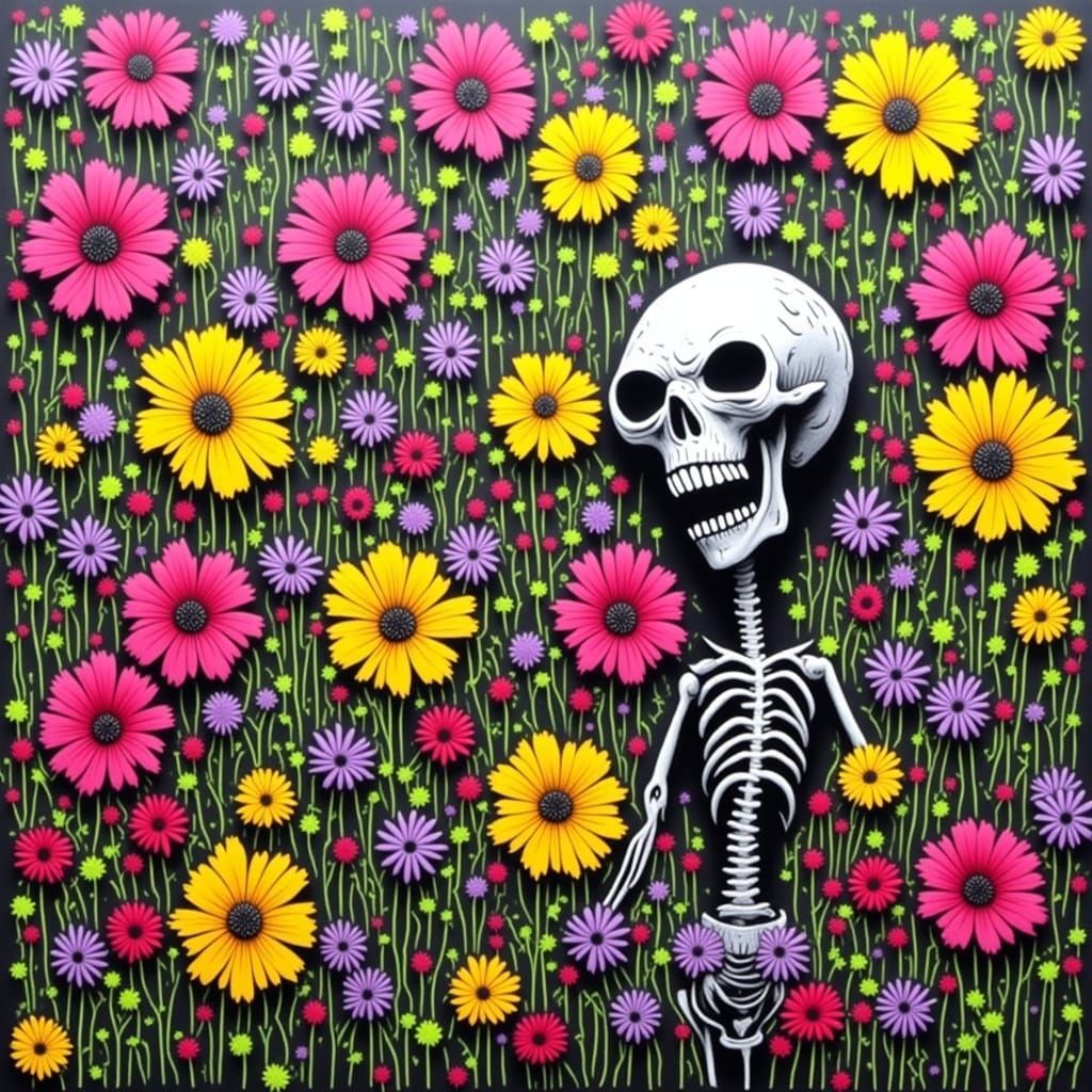 Post-Apocalyptic Graffiti Wall with Flowers and Aliens