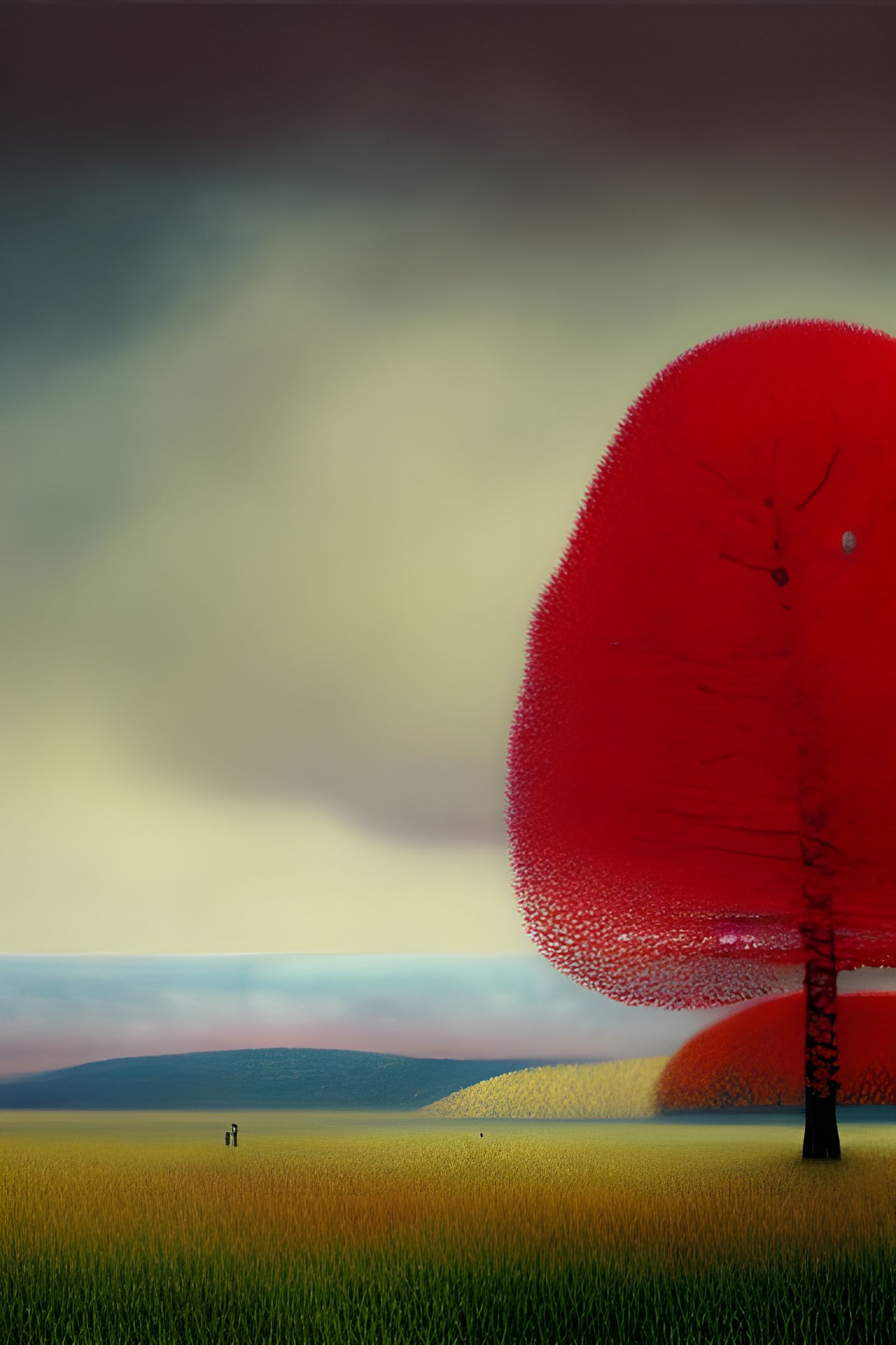 Surreal Red Trees and Cloudy Skies Landscape