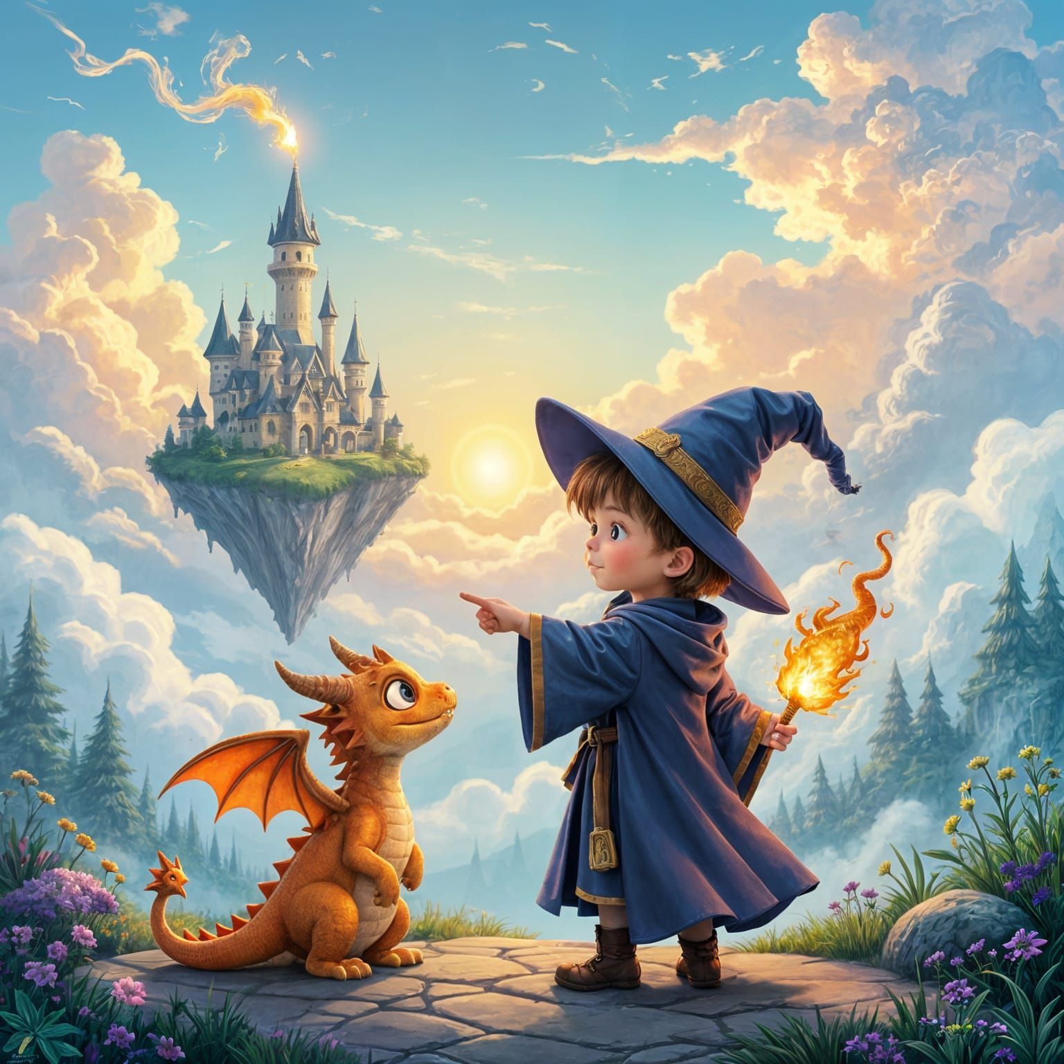 Novice Wizard Hugs Tiny Dragon Near Floating Island Tower