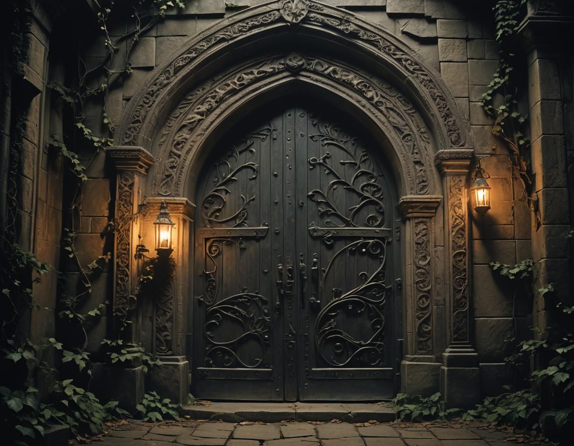 Mysterious Dark Figure Before Ancient Gothic Doorway