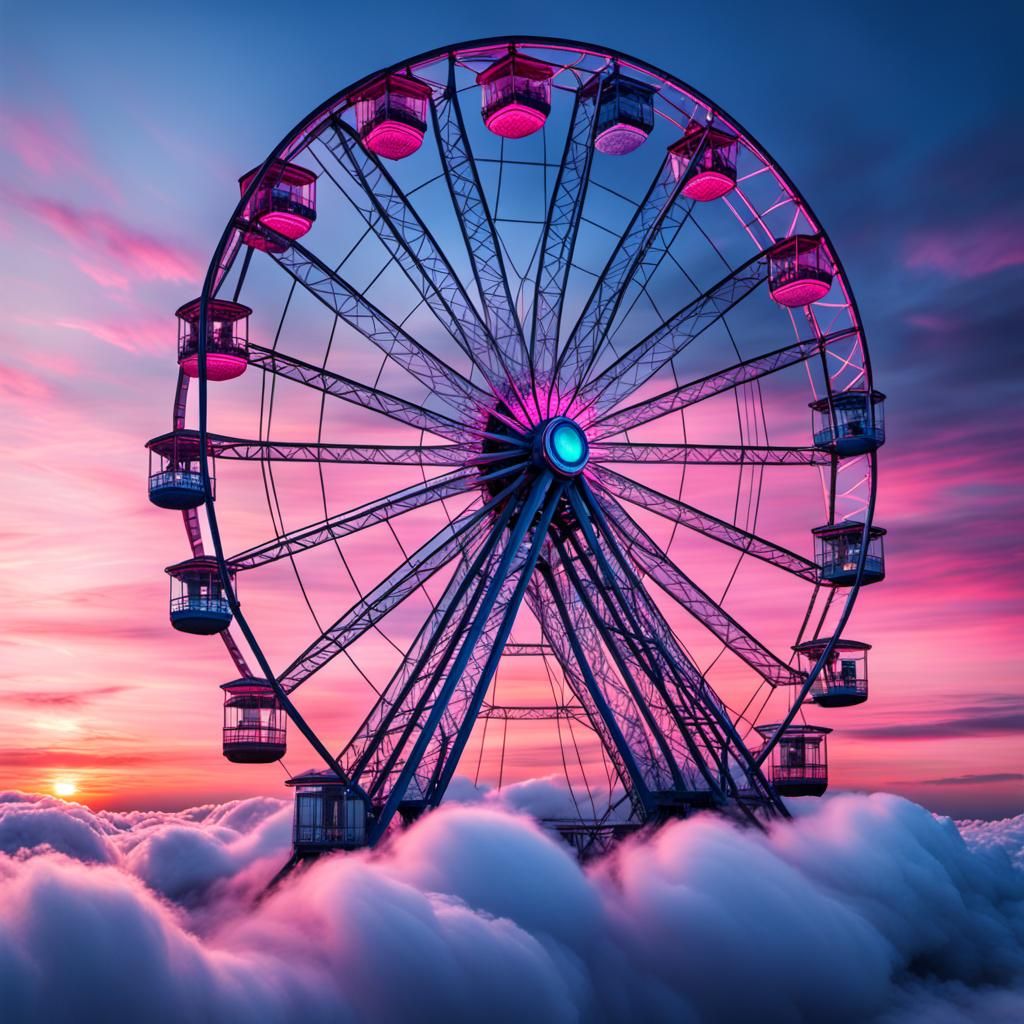 Hyperrealistic Ferris Wheel Pierces Pink and Blue Sunset