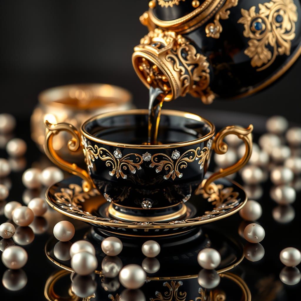 Diamond Encrusted Onyx Tea Set With Gold Filigree