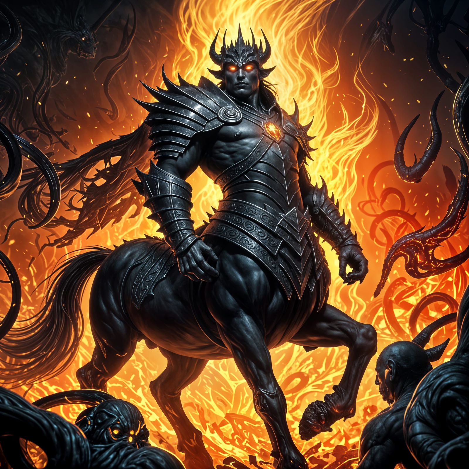Dark Centaur King in Fiery Chaos: Detailed Fantasy Art