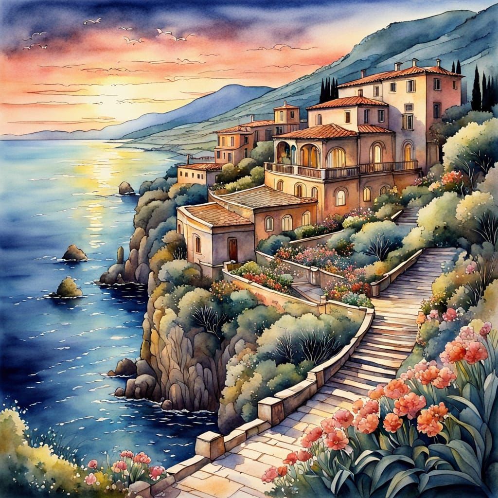 Watercolor Villas in Italian Landscape