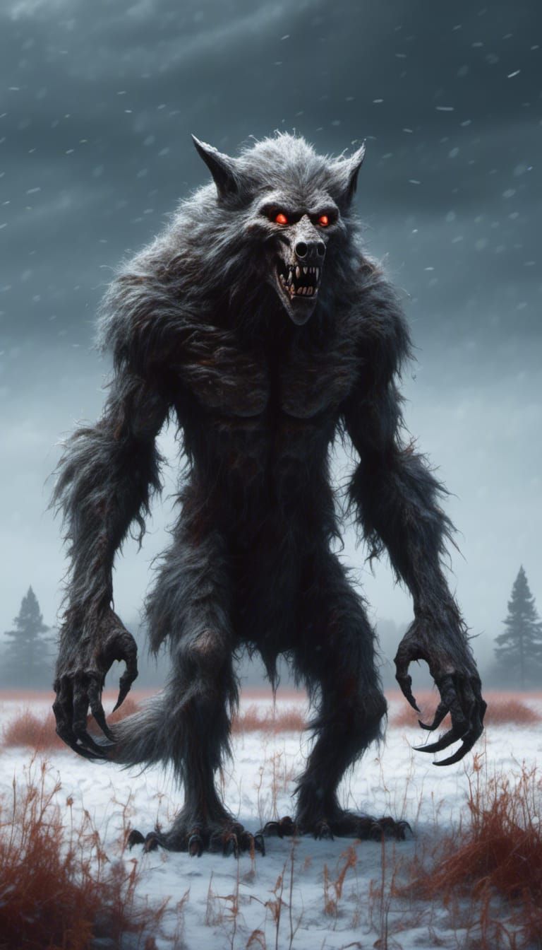 Eerie Werewolf in Snowy Field, Detailed Oil Painting