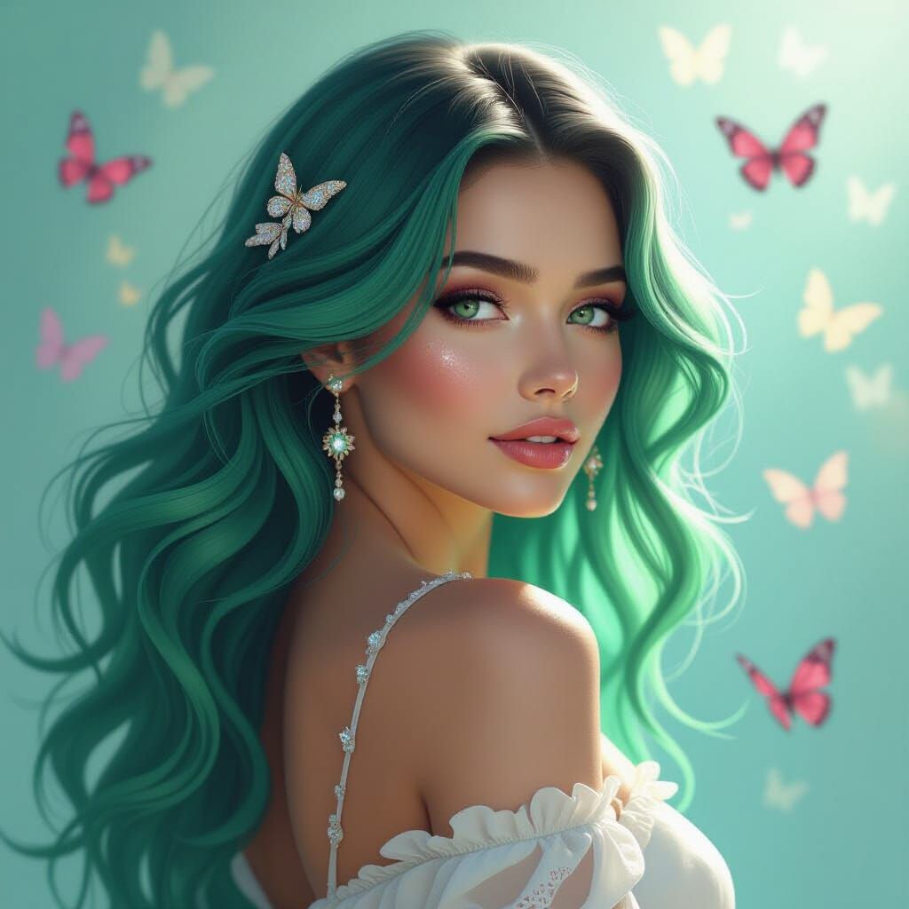 Ethereal Woman with Flowing Green Hair