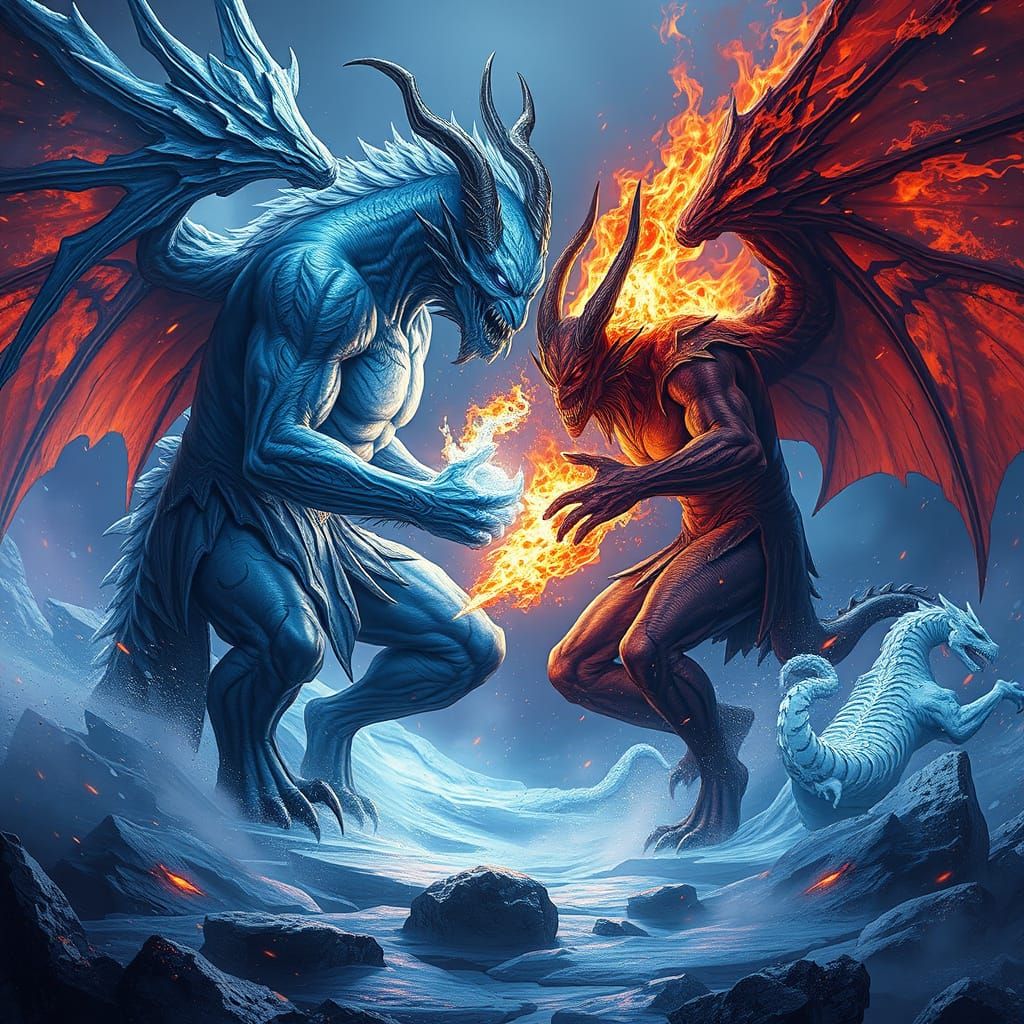 Epic Fantasy Battle: Ice and Fire Demons Clash