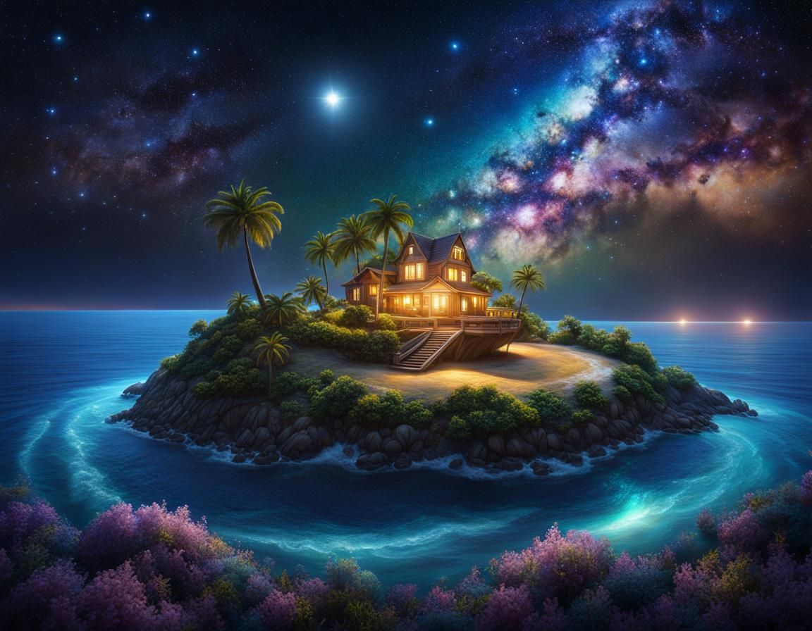 Cosmic Galaxy Over Lonely Island at Night