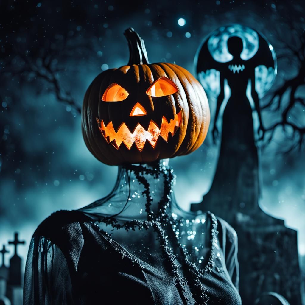 Glass Pumpkin-Headed Figure in Graveyard, Double Exposure