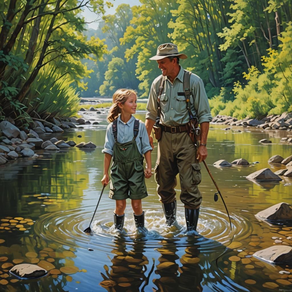 Father and Daughter Fishing: 3D Oil Painting