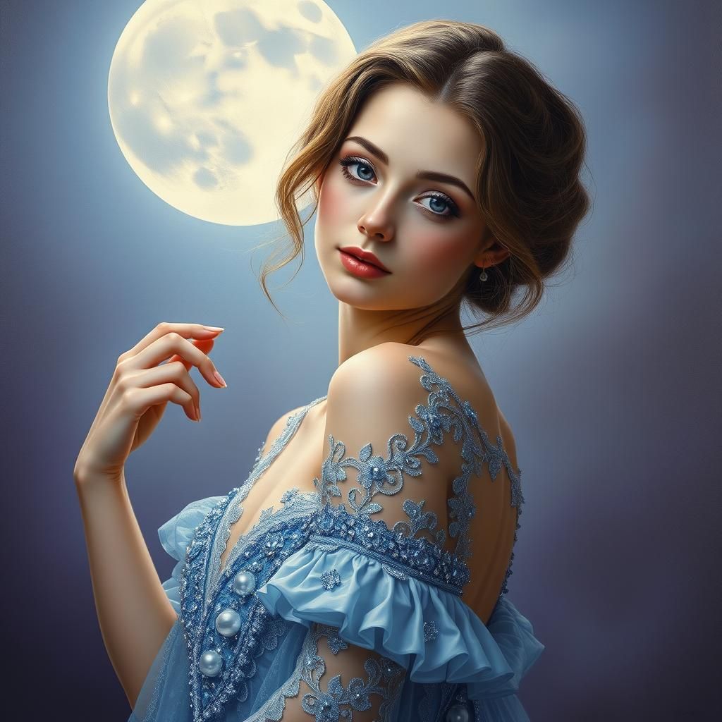 Ethereal Woman in Blue Gown, Golden Age Portrait