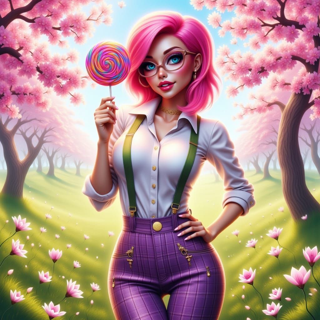 Nerdy Woman with Pink Hair in Cherry Blossom Field