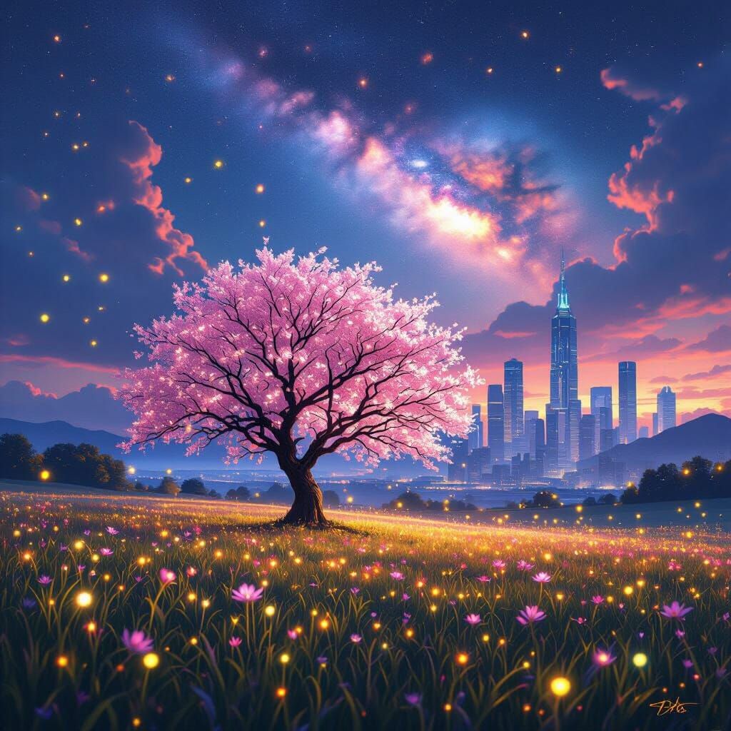 Bioluminescent Sakura Tree in a Futuristic Landscape