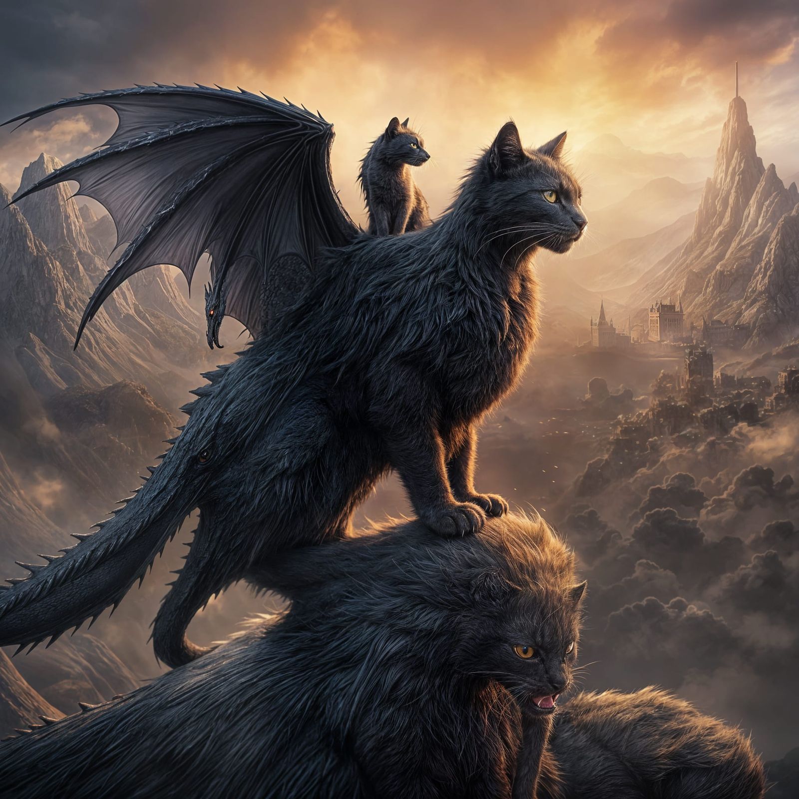 Mystical Black Cat Dragon Soars on Misty Mountain Peak