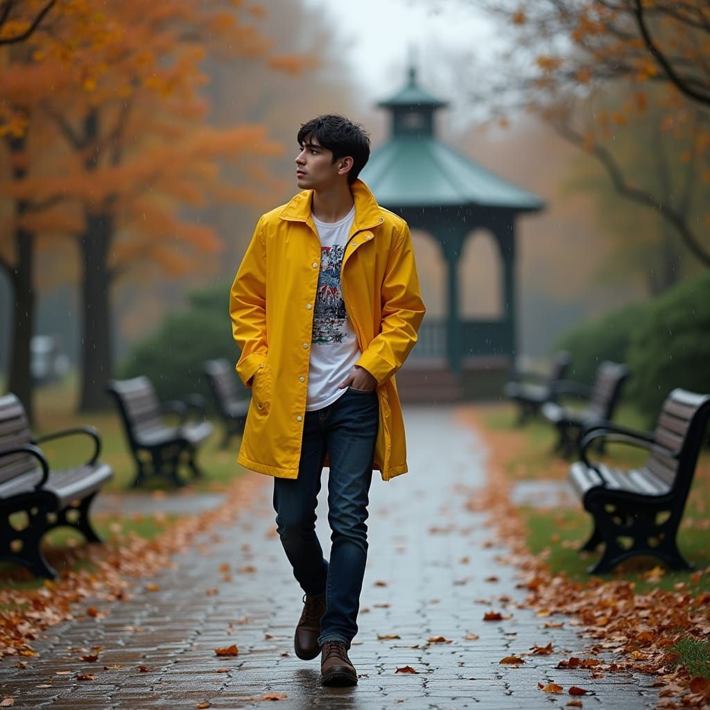 Young Man in Yellow Raincoat on Autumn Cobblestone Street