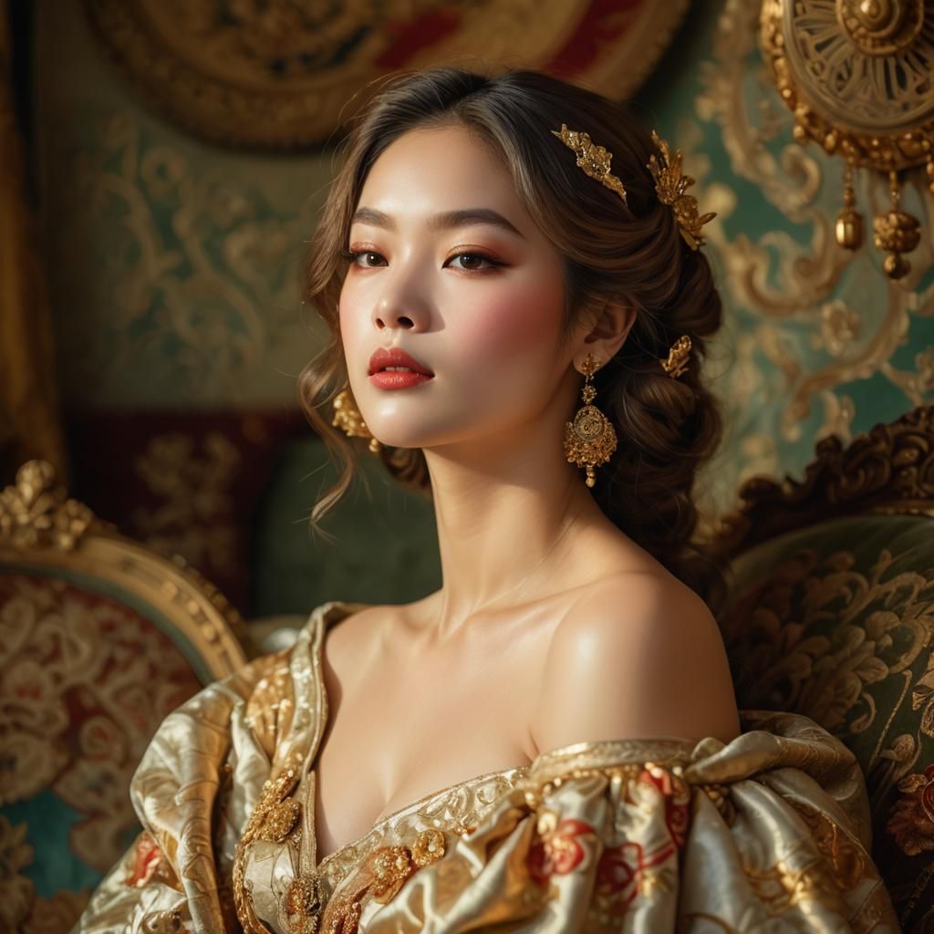 Luxurious Oriental Portrait of Beautiful Woman with Fan