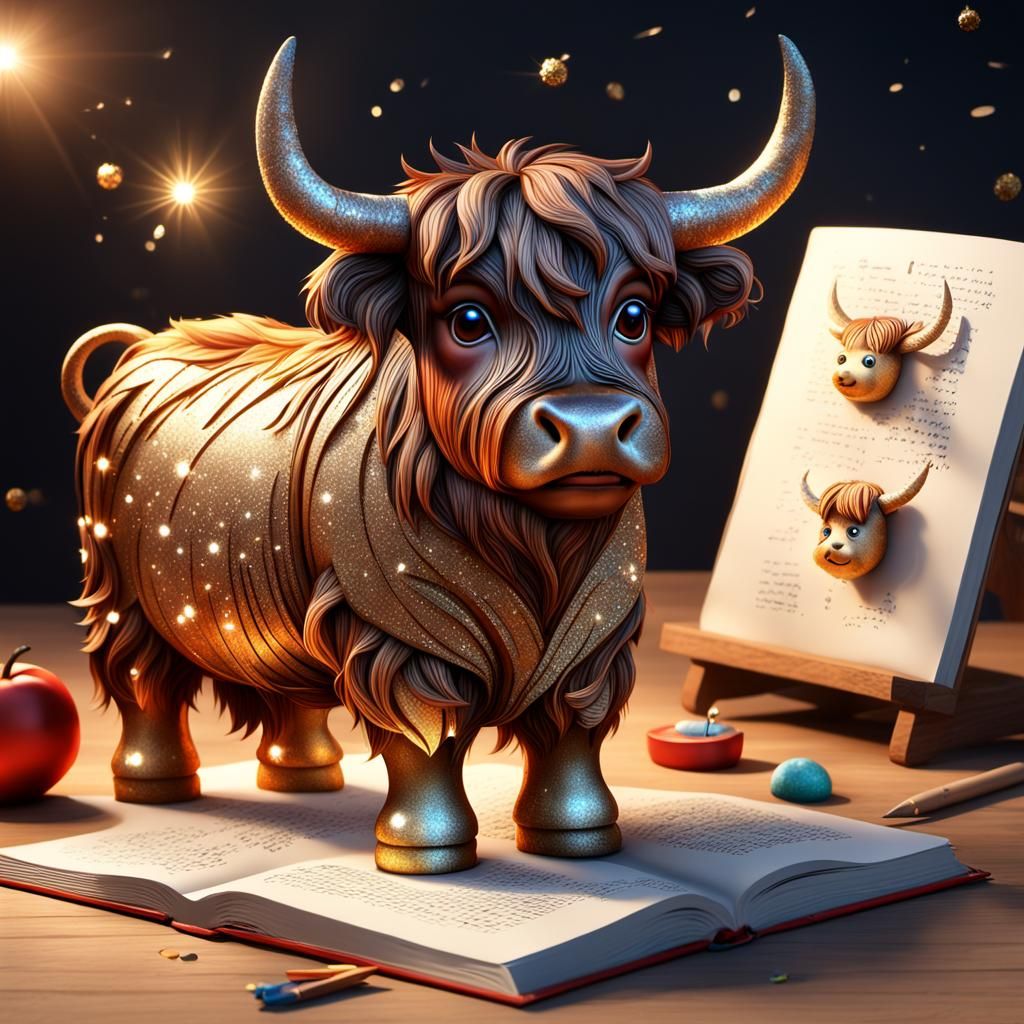 Sparkling 3D Highland Cow Sculpture in Anime Style
