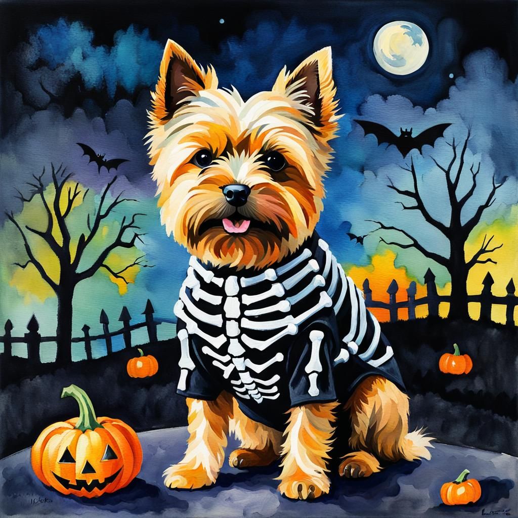 Cairn Terrier in Skeleton Costume, Gouache Watercolor Style