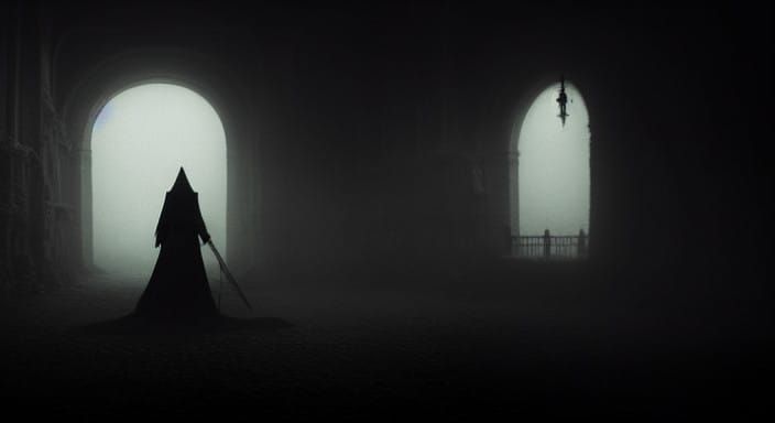 Gothic Woman Shrouded in Fog and Dark Smoke
