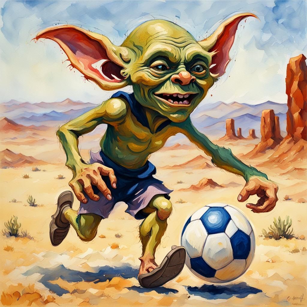 Goblin Plays Football: Gouache Impressionist Desert Scene