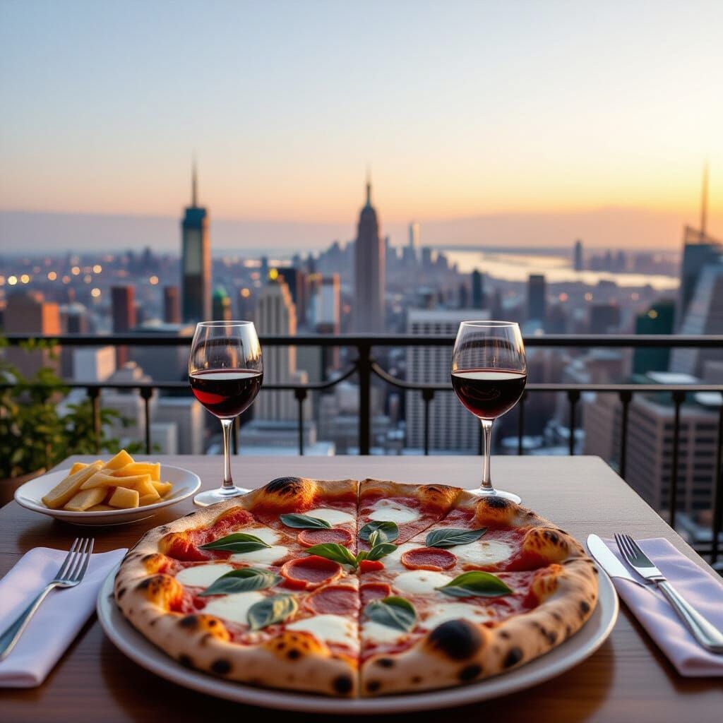 Wide Angle Pizza Dinner on Italian Table with City View