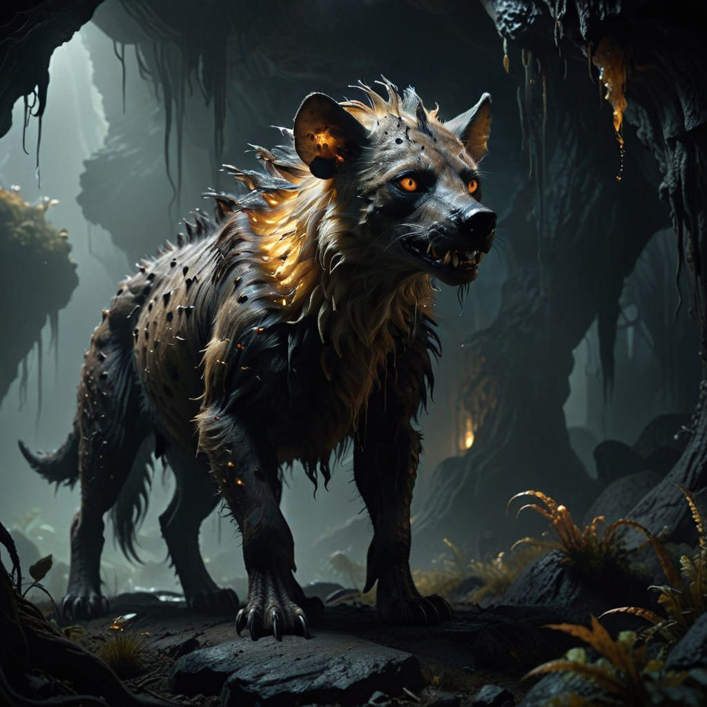 Dark Fantasy Hyena Creature in a Misty Cave