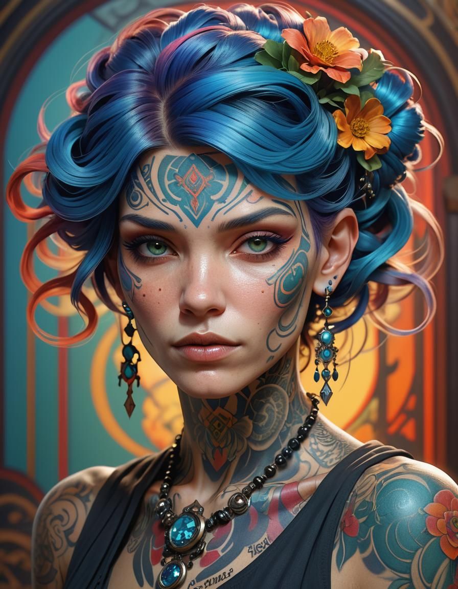 Tattooed Lady Portrait in Hyperrealistic Style