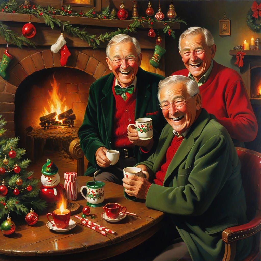 Elderly Friends Enjoying Christmas Together in Warm Oil Pain...