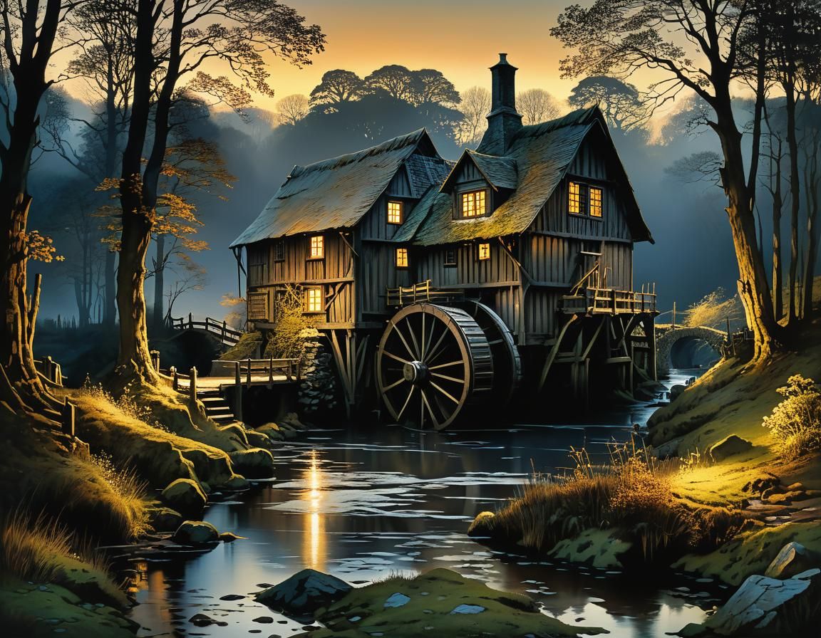 Historic Watermill in Golden Evening Light