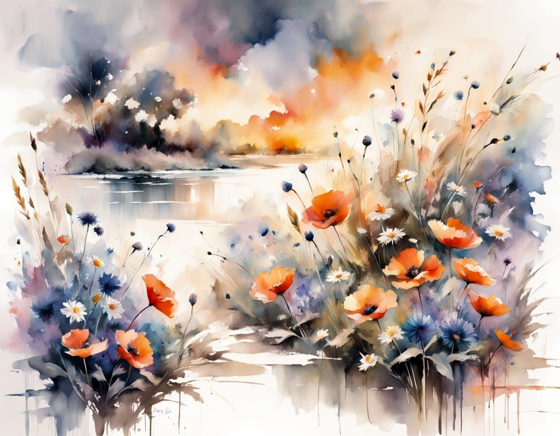 Twilight Wildflower Meadow in Watercolor Style