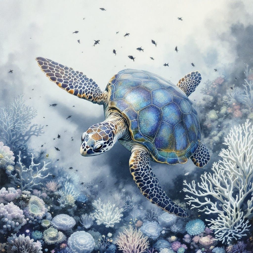 Turtle Over Coral Reef in Whimsical Watercolor Style