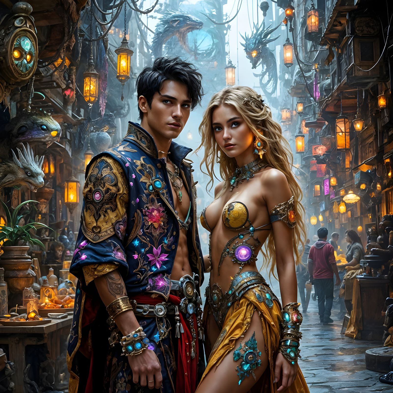 Fantasy Couple in Exotic Marketplace: Dark Fantasy Art