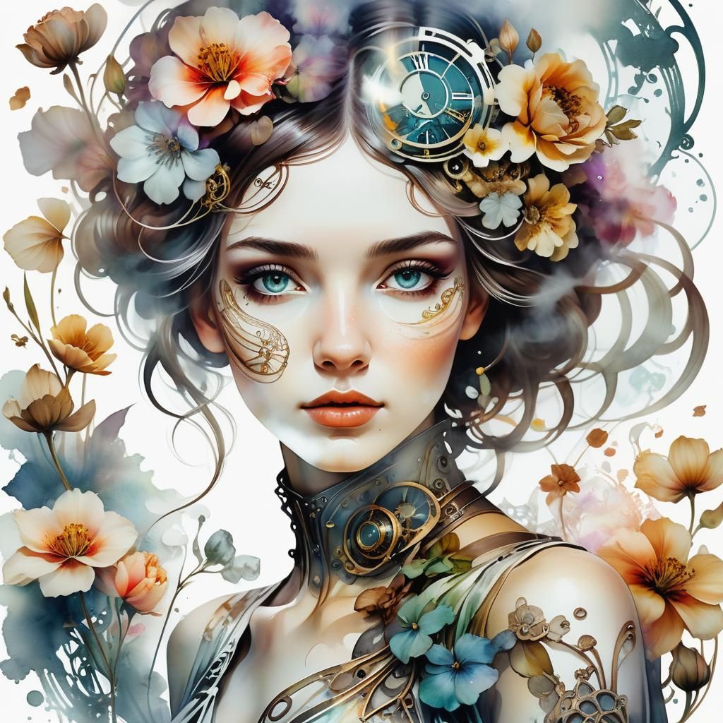 Art Nouveau Steampunk Girl Portrait in Watercolor