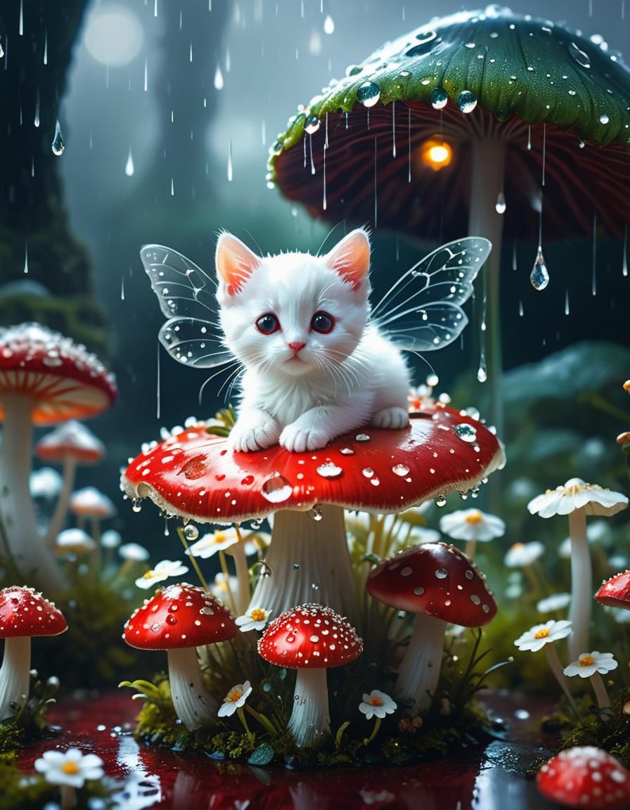 Kitten Fairy on Mushroom in Miniature World
