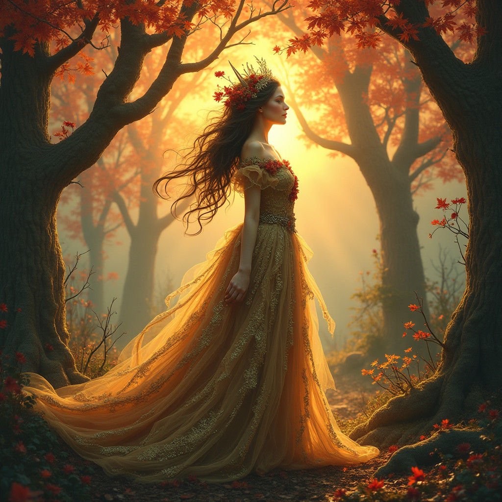 Majestic Fae Queen in Autumnal Forest