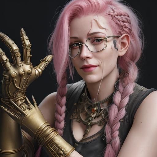 Artificer Woman Repairs Mechanism with Prosthetic Arm